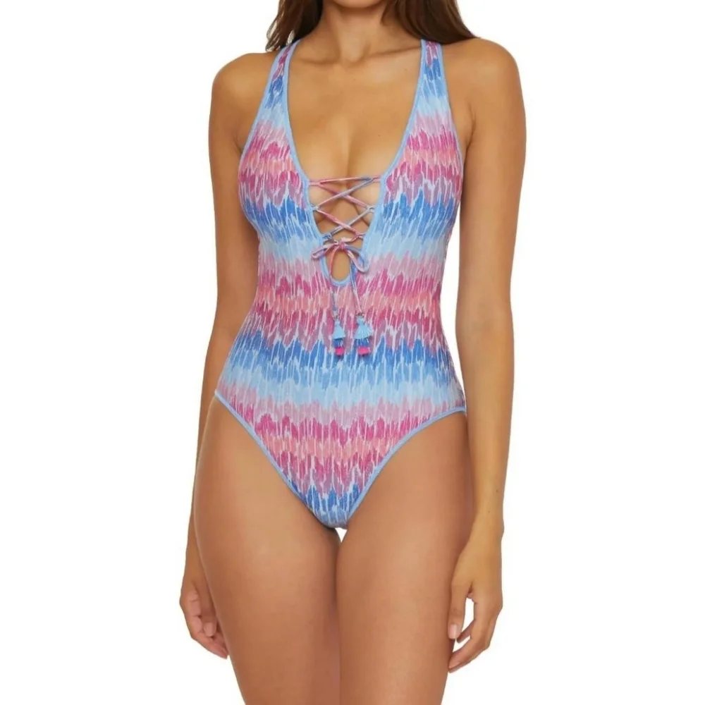 Becca swimsuit L blue pink glitter one piece Joshua Tree plunge deepV new $160